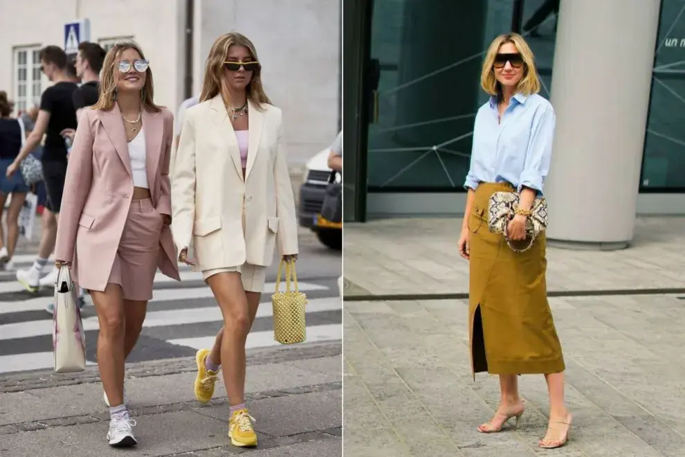 Dos fotos de mujeres en la calle usando looks de oficina de verano.