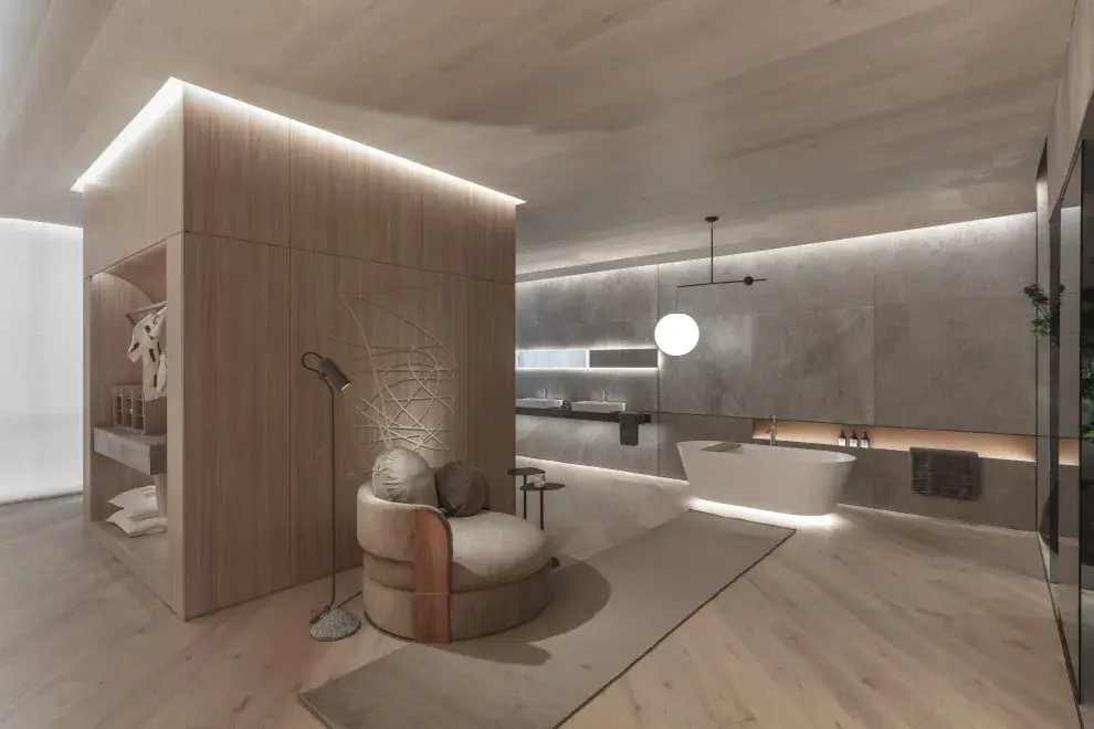 Un baño full madera diseñado por la arquitecta Lucía Quinteros de en Ren Studio