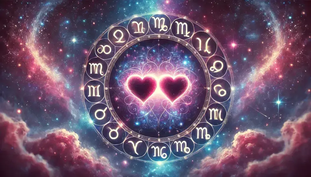 La rueda zodiacal, con los símbolos de los 12 signos astrales y en el centro, dos corazones.