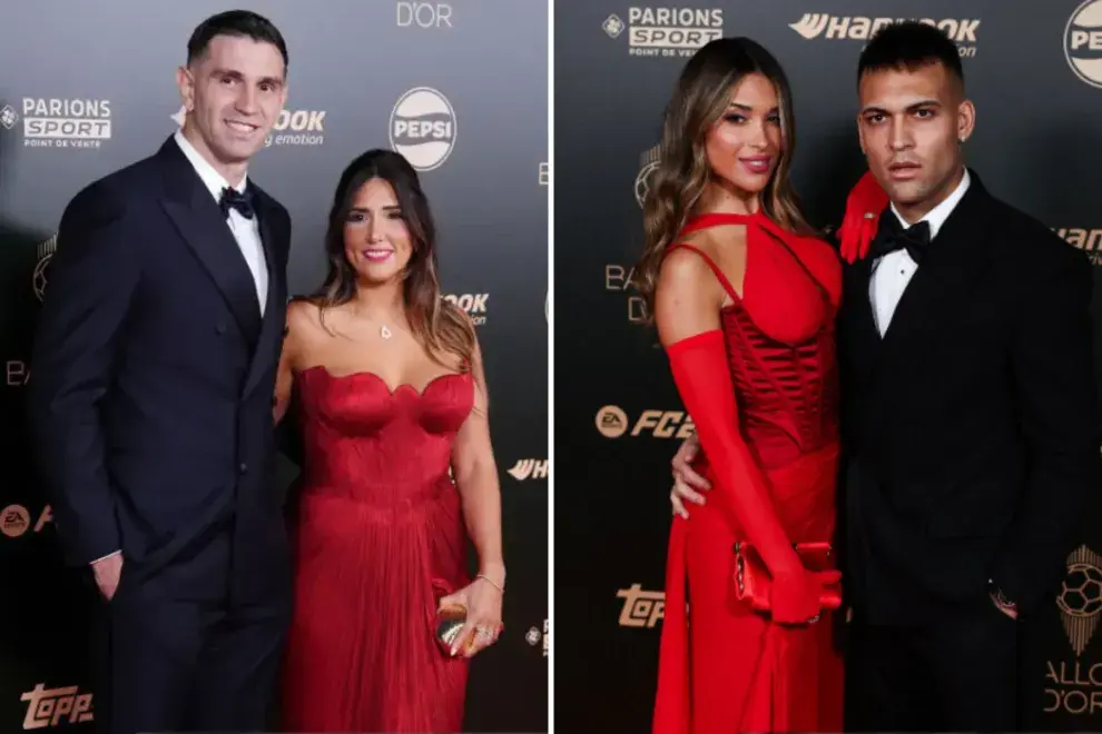 Mandinha y el Dibu Martínez, y Agustina Gandolfo y Lautaro Martínez, en el Balón de Oro 2024.