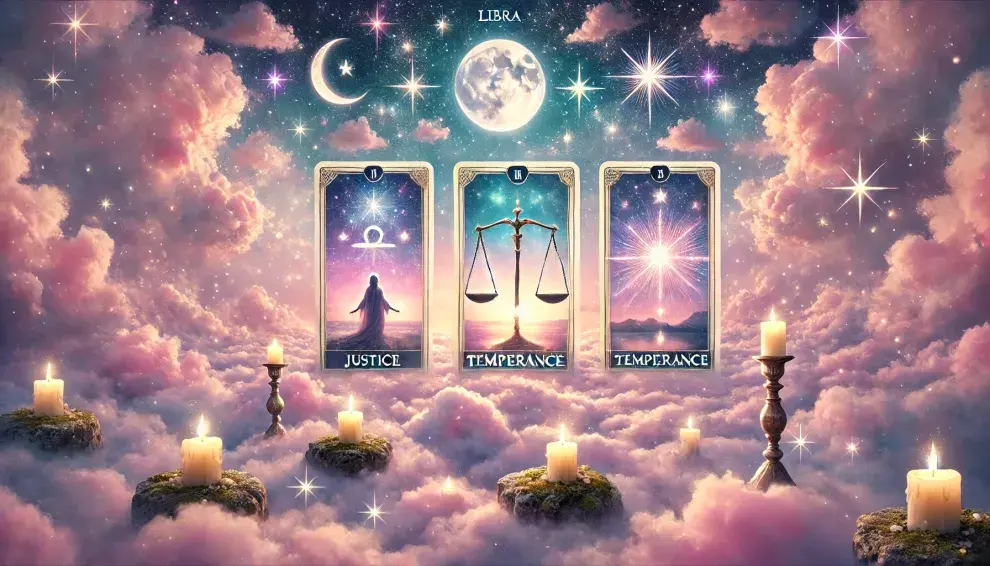 3 cartas de tarot sobre un fondo de cielo.