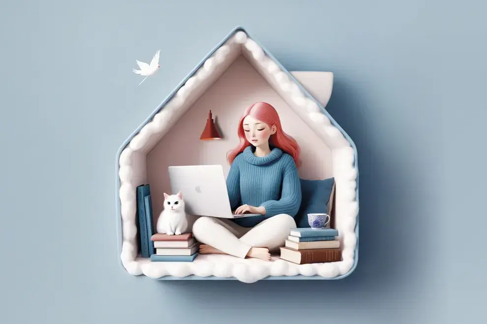 Ilustración de una chica en una casita con su laptop.