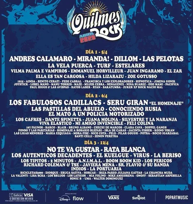 Arte con a grilla confirmada día por día del Quilmes Rock 2025.