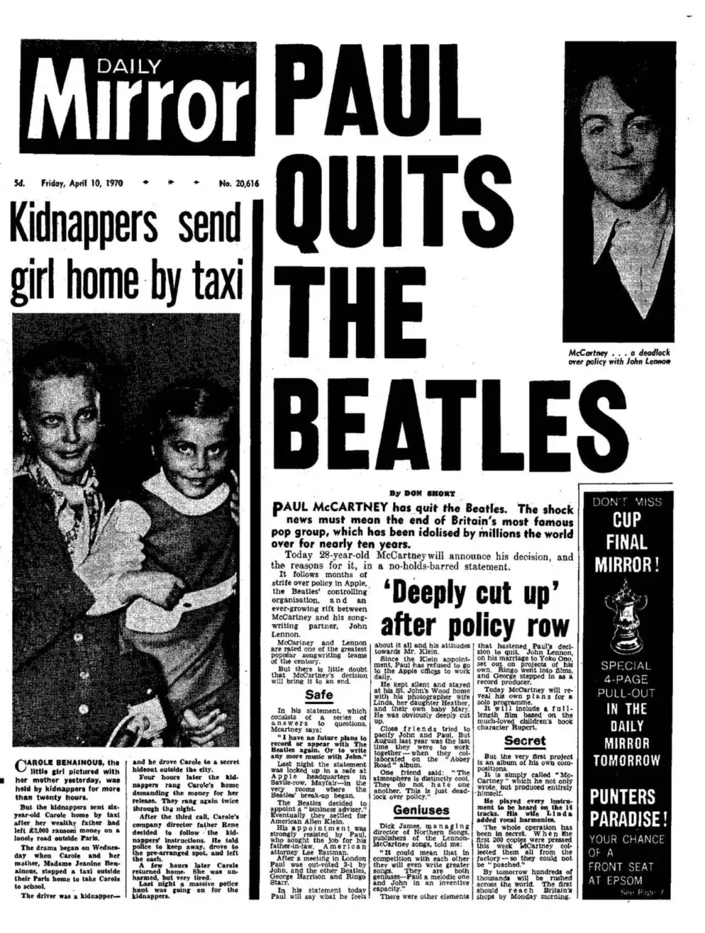 La histórica portada del Daily Mirror en la que Paul McCartney anuncia que deja The Beatles.