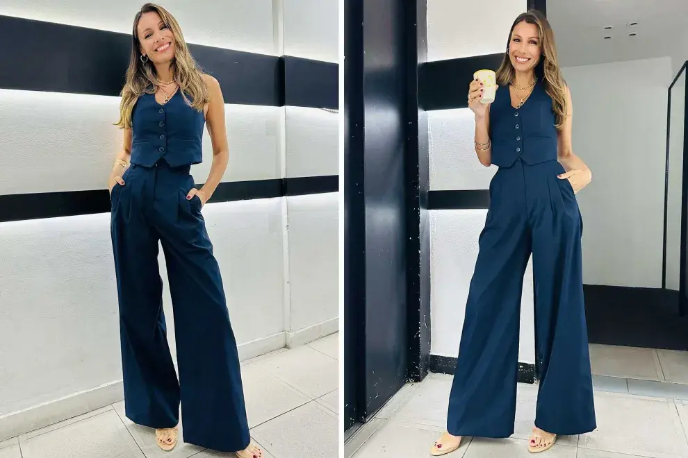 Para completar el estilismo Pampita sumó sandalias en color nude de tiras finas y plataformas, y sumó accesorios en color dorado: collar, aros y pulseras en formatos geométricos