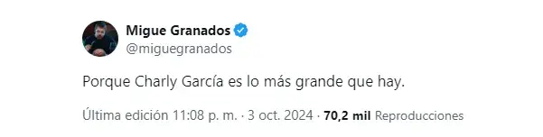 Captura de Tuit de Migue Granados anunciando el Charly García Day.