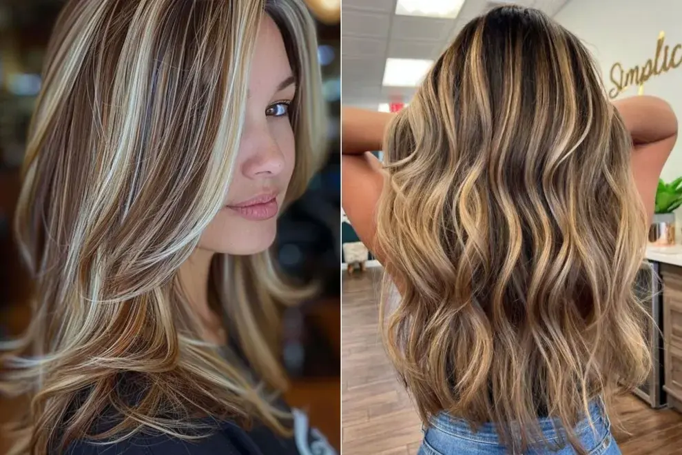 Dos fotos de dos mujeres con mechas chunky en el pelo.