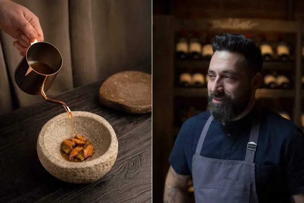 Un plato del restaurante Azafrán y un retrato del chef Sebastián Weigandt.