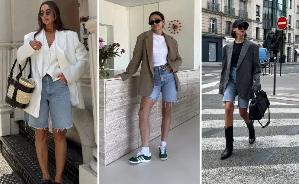 Una mujer usando una bermuda de jean con blazer