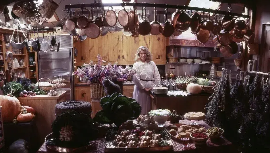 Una mujer en una cocina, rodeada de alimentos y utensilios.