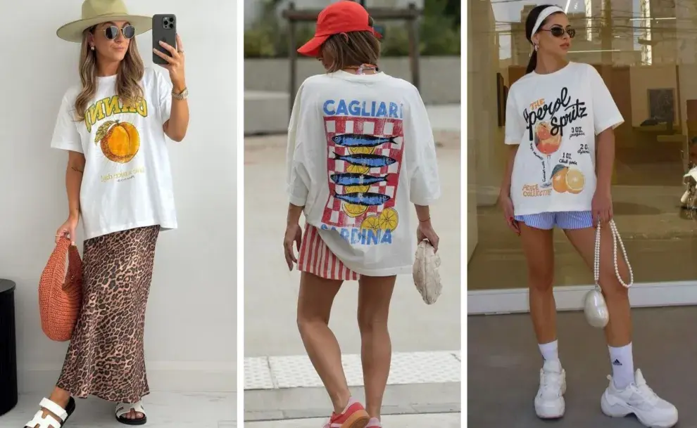 Tres mujeres usando remeras estampadas