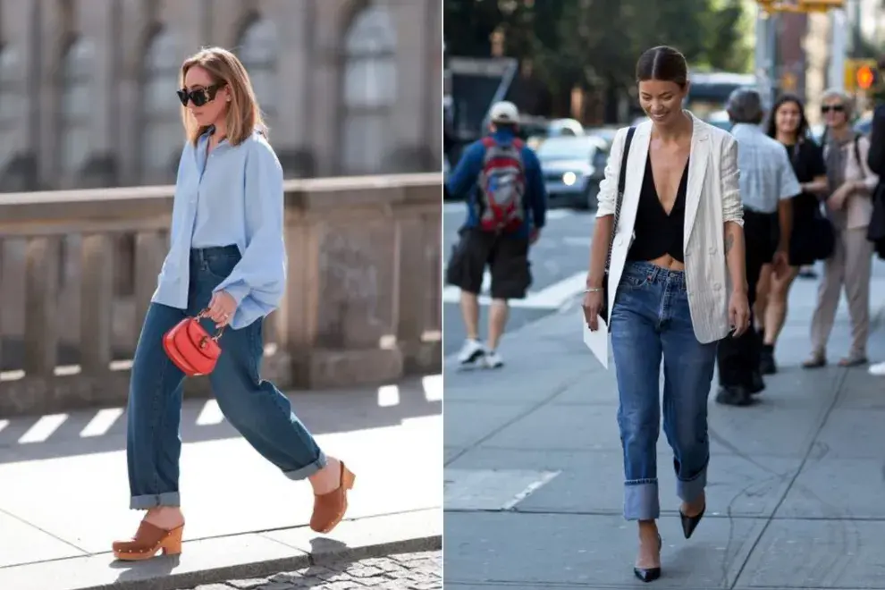 Dos fotos de mujeres usando looks con jean en la calle.