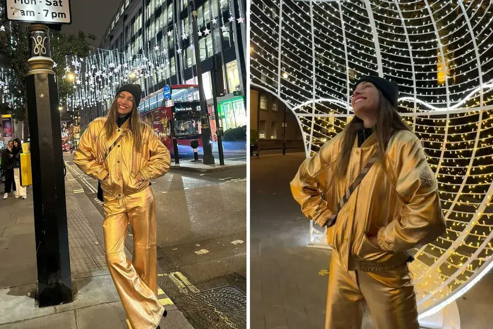 El look metalizado de Pampita para recorrer Londres