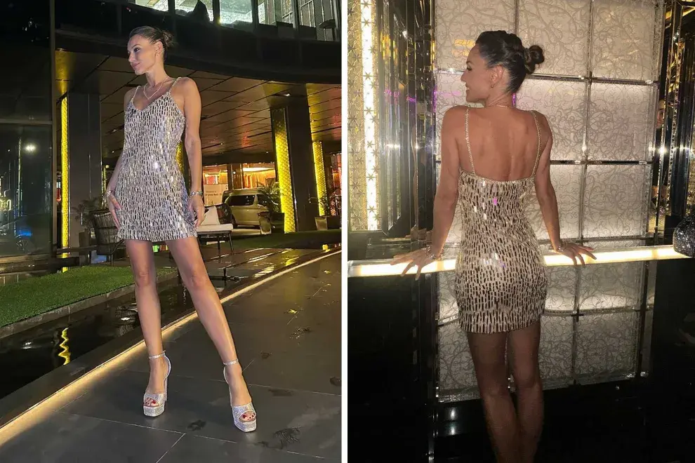 Pampita eligió un vestido corto con escote pronunciado en V, breteles con detalle de pedrería bordada a mano, de Monofuck