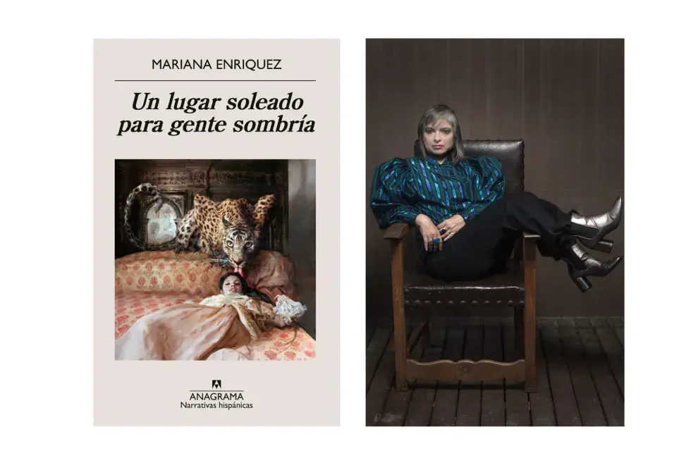 Portada de "Un lugar soleado para gente sombría" y retrato de Mariana Enríquez.