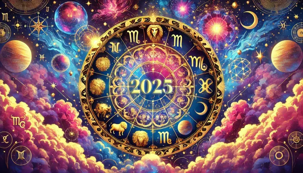 La rueda zodiacal con los 12 signos y un 2025 dorado en el centro