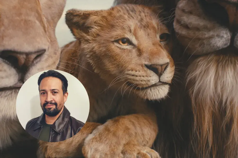 Un fotograma de la película "Mufasa" y un retrato de Lin Manuel Miranda.