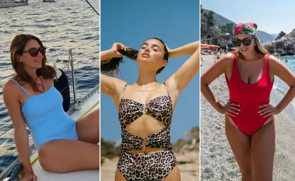 Tres mujeres usando trajes de baño enterizos en la playa