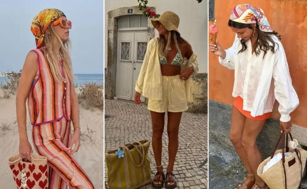 tres mujeres usando bolsos de rafia