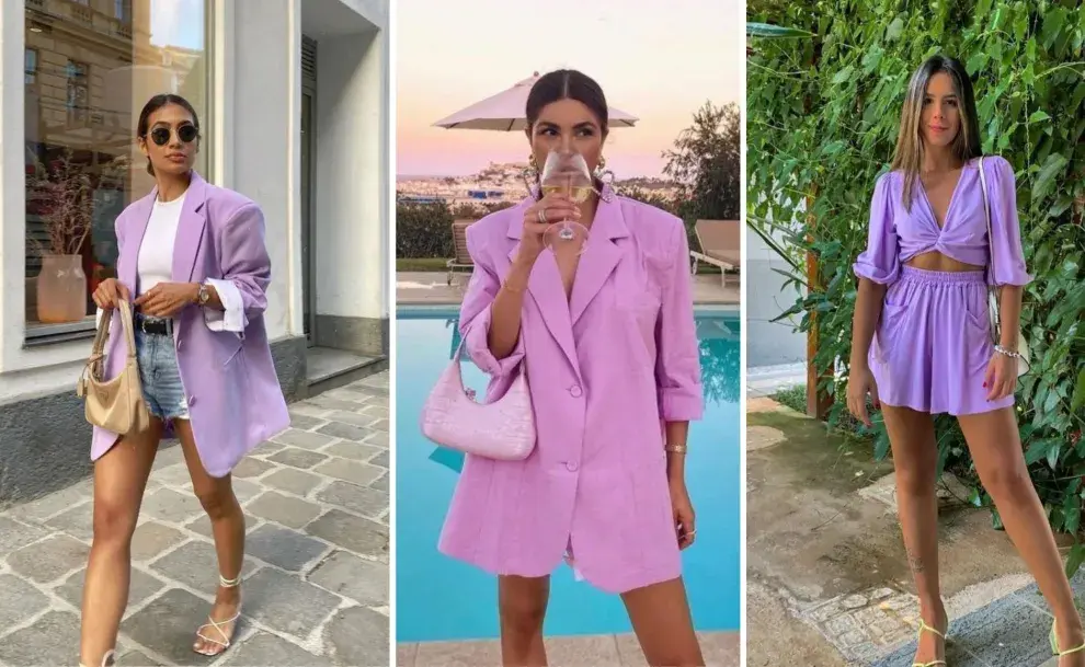 tres mujeres usando looks en color violeta