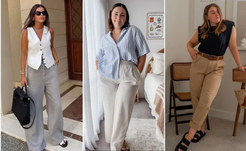 Tres mujeres usando pantalones frescos y looks ideales para ir a trabajar