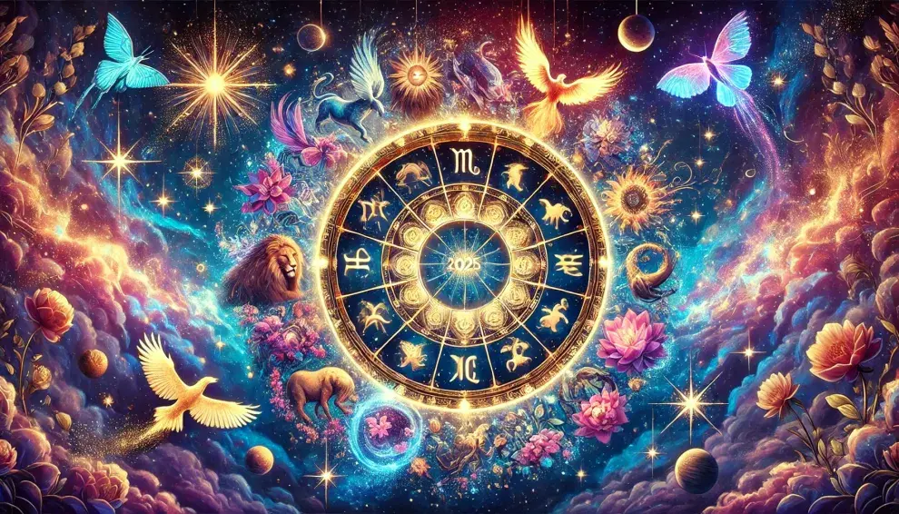 La rueda zodiacal, con los símbolos de los 12 signos astrales sobre un fondo con planetas, animales y flores.