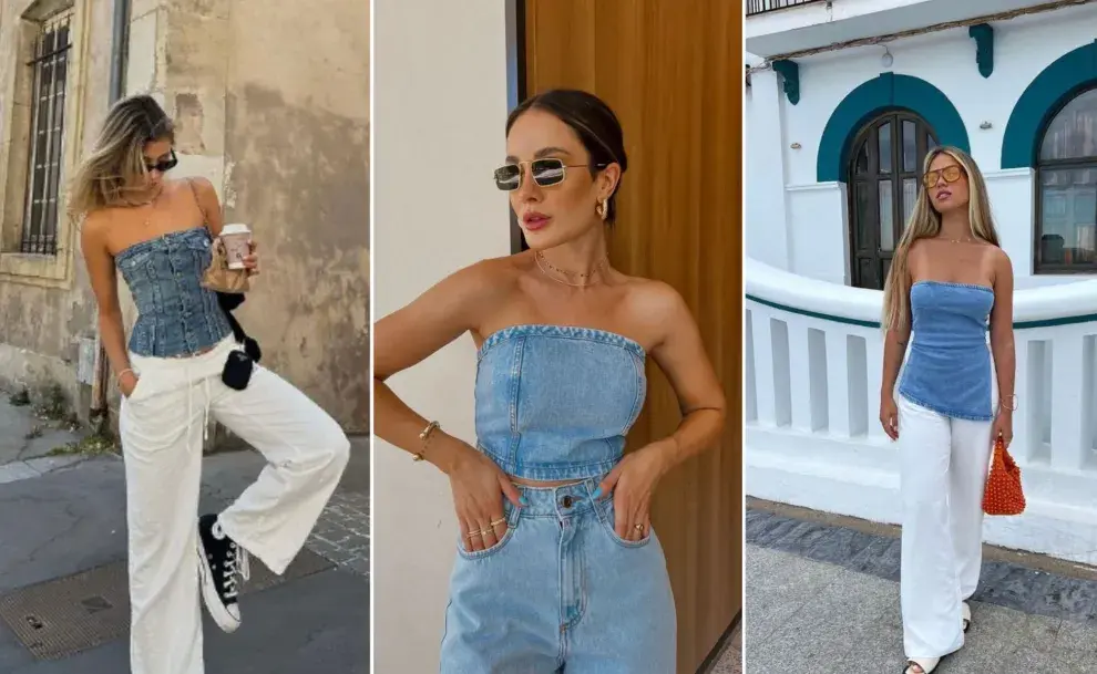 tres mujeres usando tops de jean