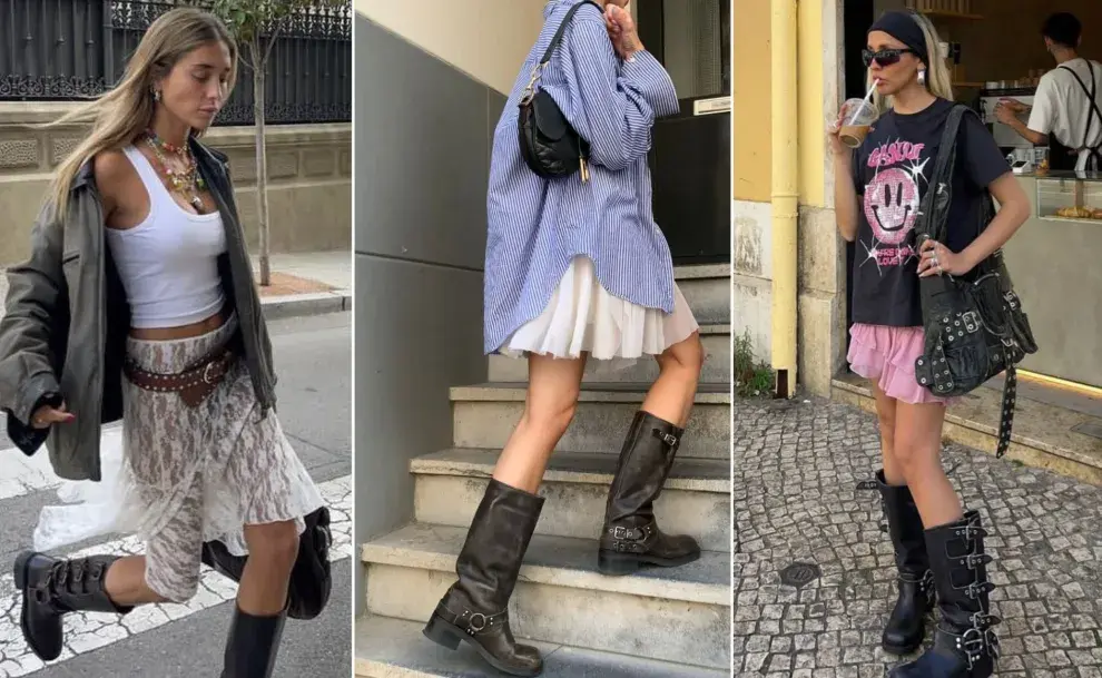 Tres mujeres usando botas bikers con pollera