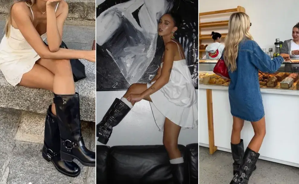 tres mujeres usando vestidos y botas biker