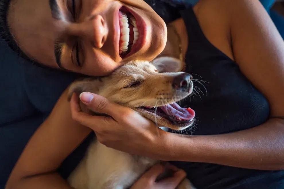 Una mujer acariciando un perro.