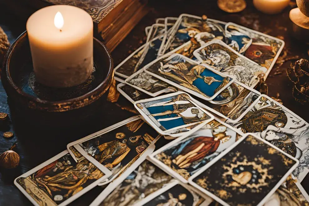 Cartas de tarot desplegadas sobre una mesa.