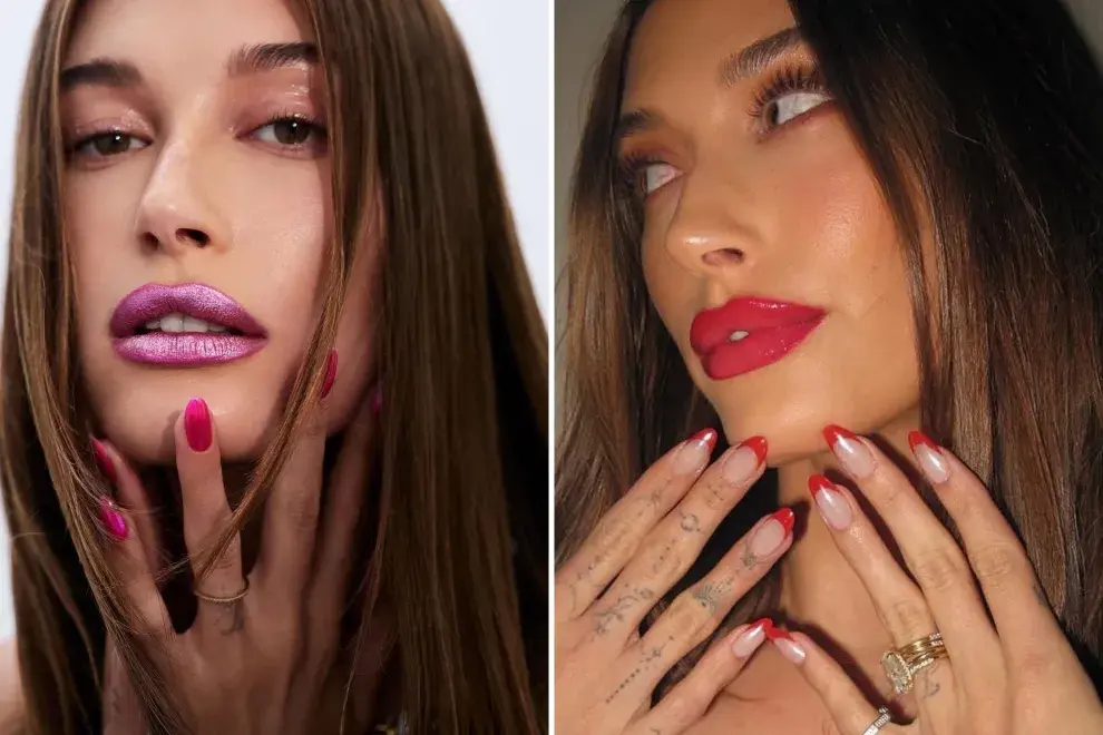 Fotos de Hailey Bieber mostrando las uñas.