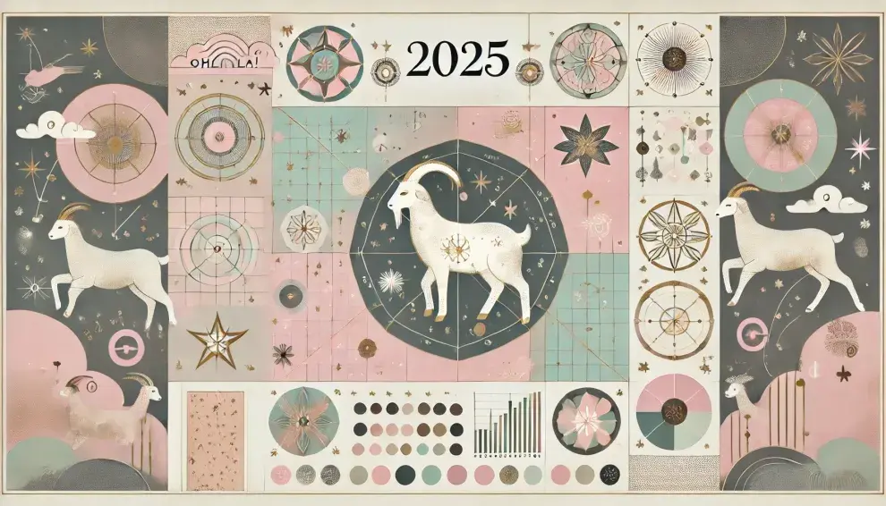 ilustraciones para el horóscopo chino del año 2025 con formas circulares y cuadradas de color rosa y celeste. En el centro y en los extramos izquierdo y derecho una cabra blanca con estrellas de fondo