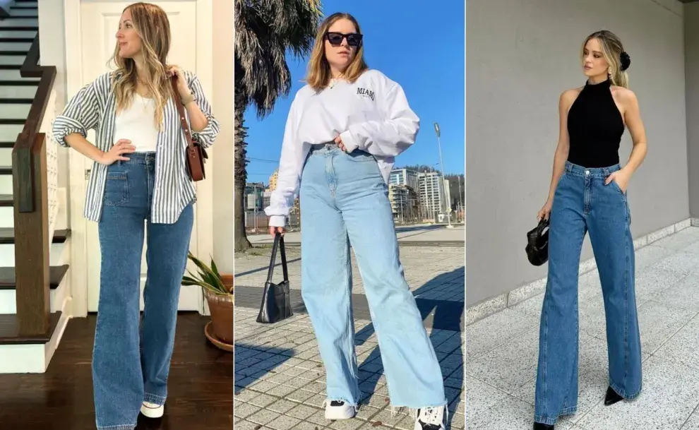 tres mujeres usando jeans acampanados