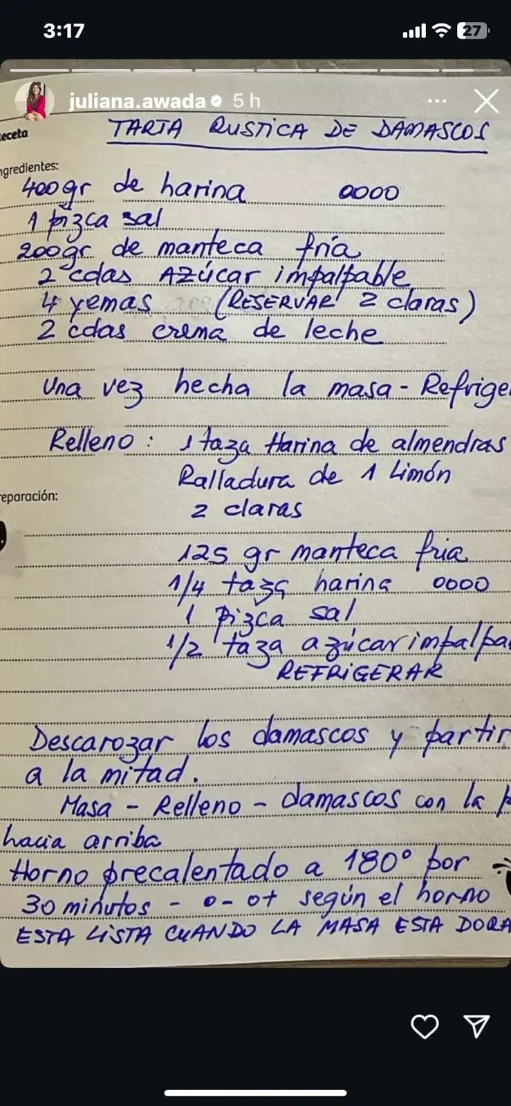 La receta de tarta de damascos de Juliana Awada