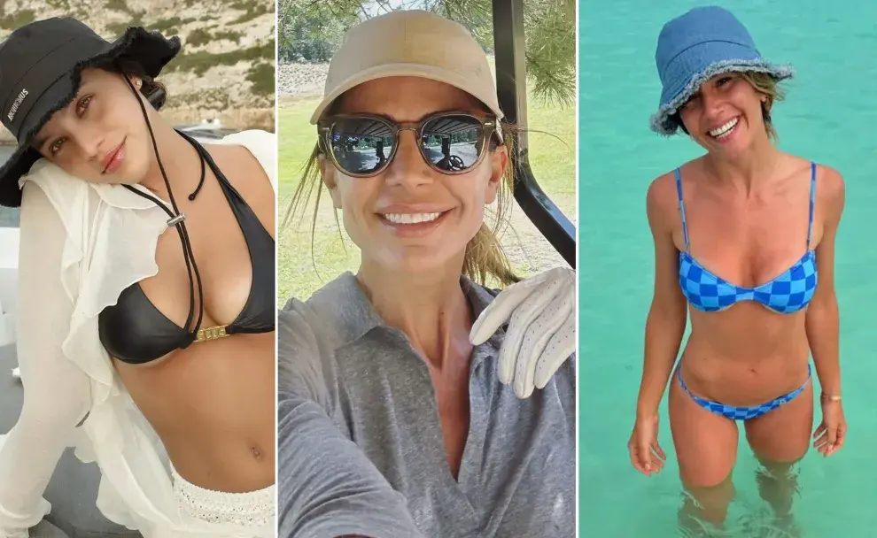 Emilia, Juliana Awada y Laurita Fernandez posando con gorros en sus vacaciones