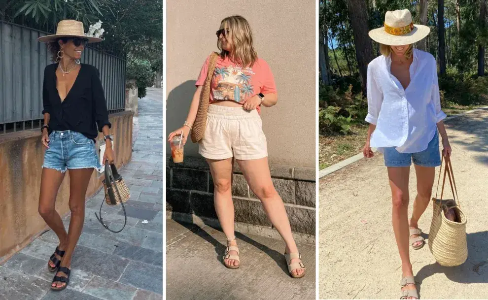 Tres mujeres usando sandalias en looks de playa