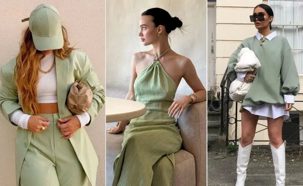 tres mujeres usando prendas de color matcha