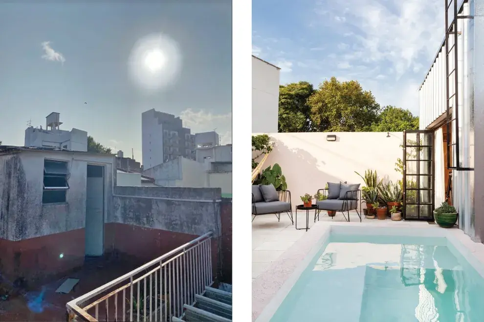 Antes y después de una terraza que estaba descuidada y, para poner la pileta hubo que hacer un refuerzo estructural y reubicar un baño, justo debajo de la superficie.