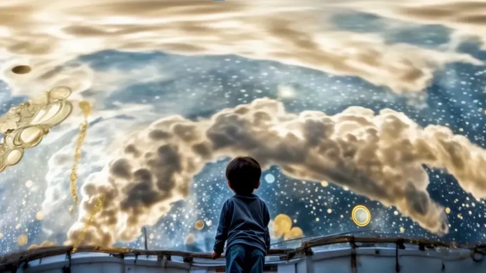 Niño mirando hacia un cielo abierto ilustrado con nubes, estrellas y demás objetos celestes en una galaxia