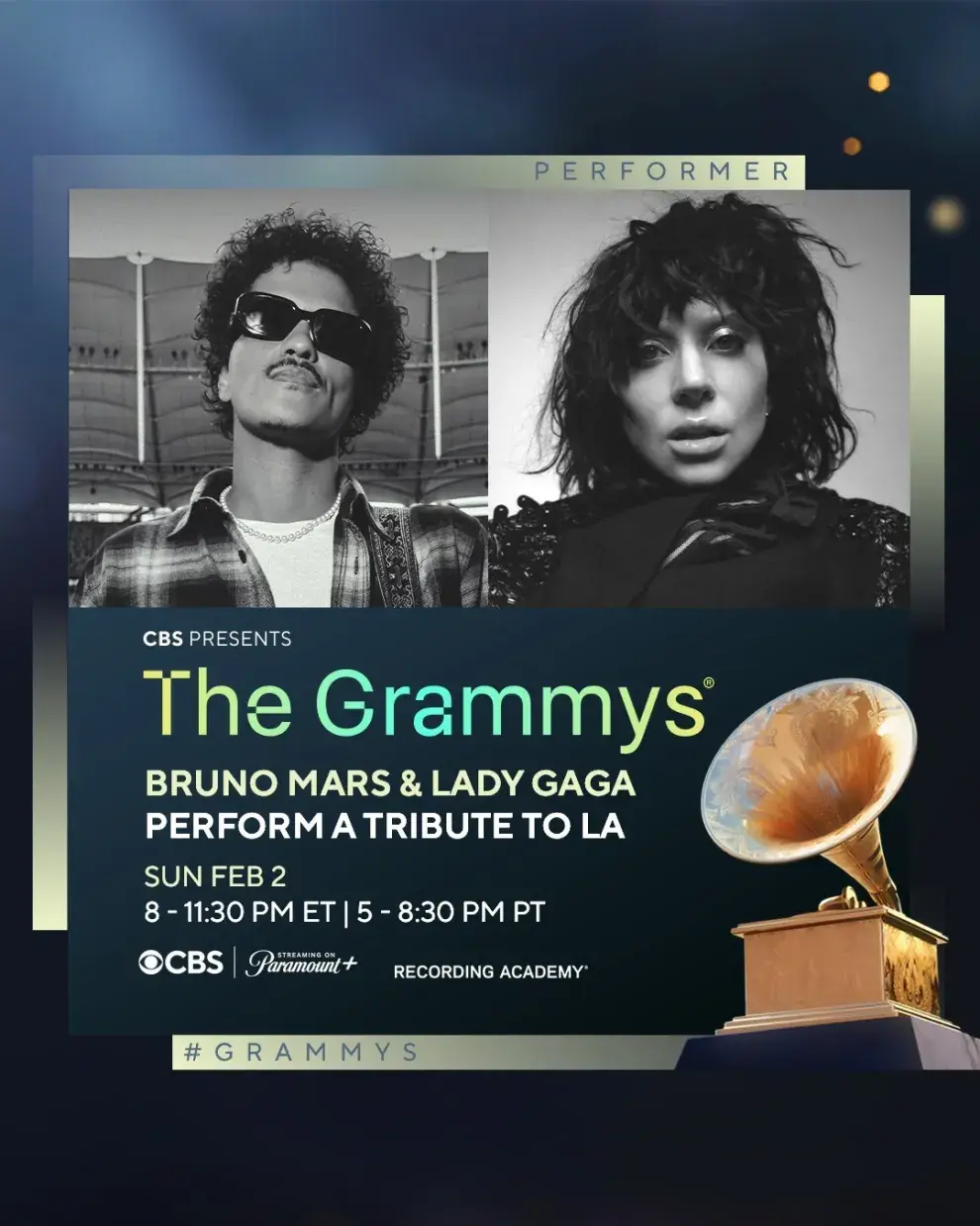 Poster del tributo a Los Ángeles a cargo de Lady Gaga y Bruno Mars, en los Grammys 2025.