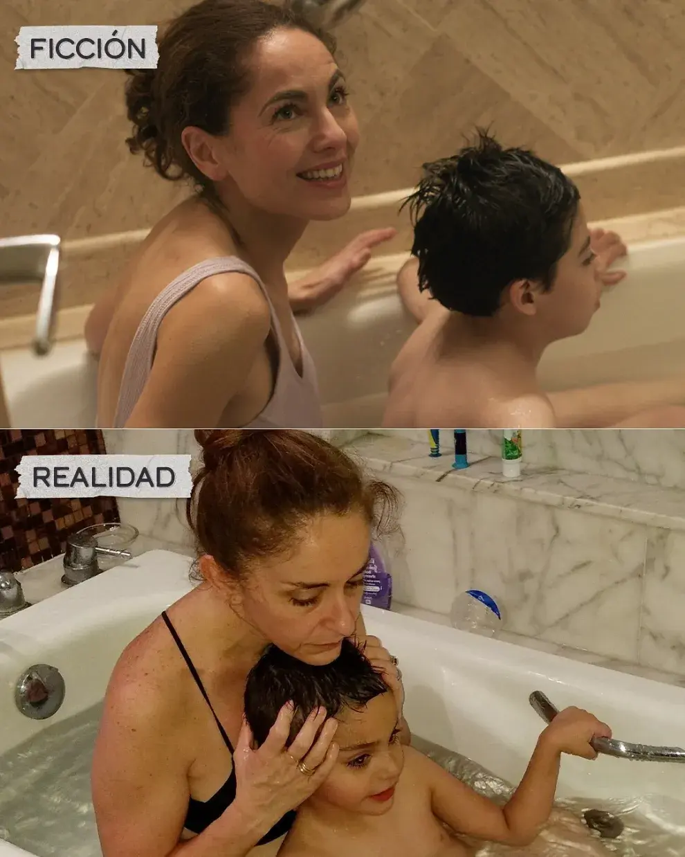 Comparación de Bárbara Anderson y su hijo Lucca, en la película de Netflix y en la vida real.