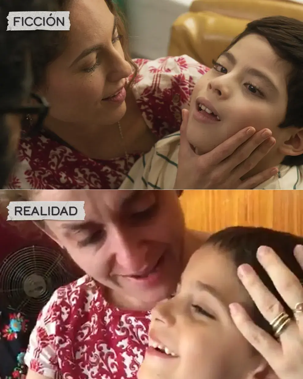 Comparación de Bárbara Anderson y su hijo Lucca, en la película de Netflix y en la vida real.