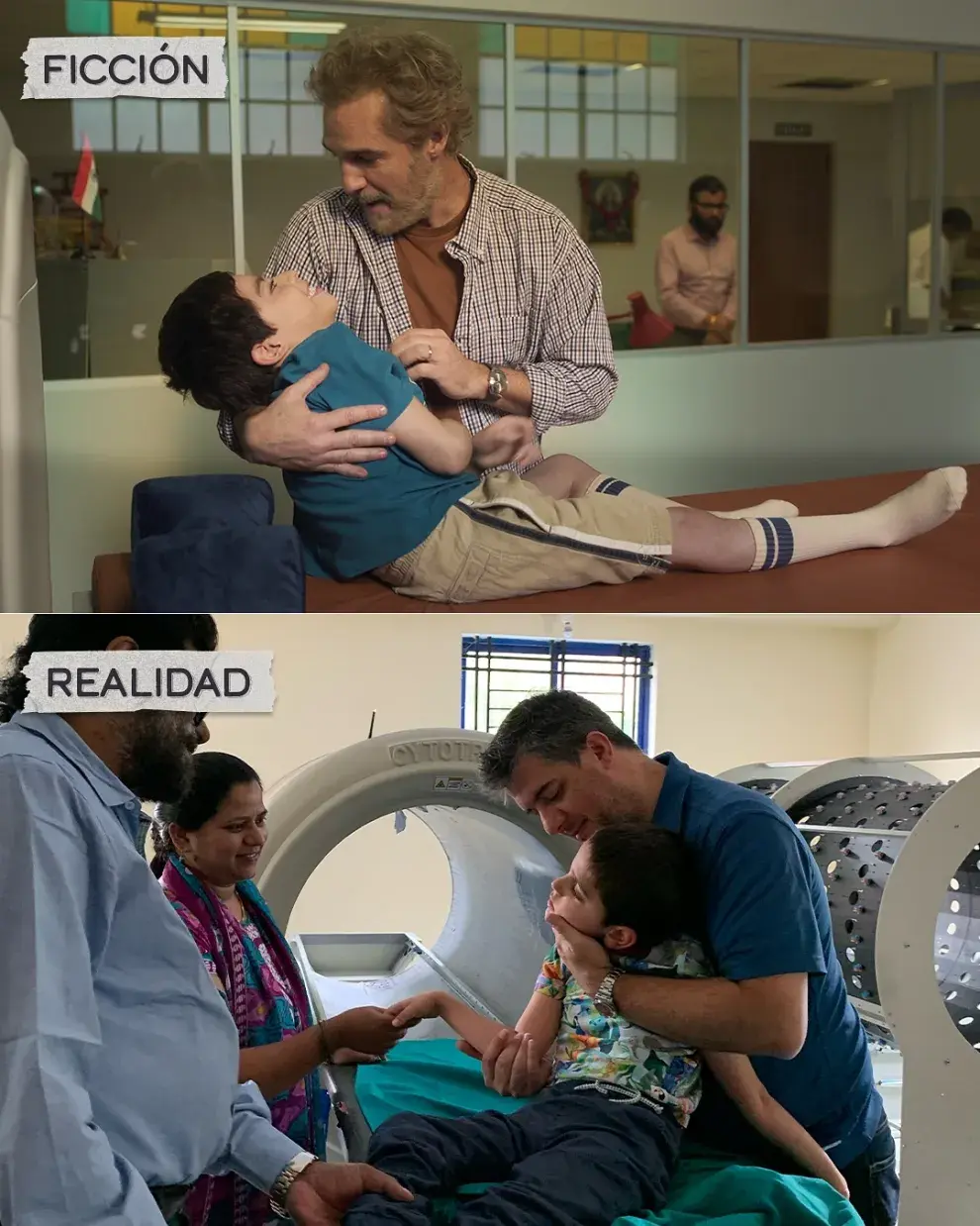 Comparación de Andrés y el papá real de Lucca, en la película de Netflix y en la vida real.
