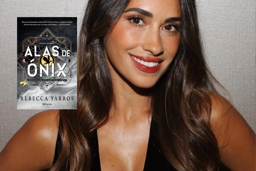 Antonela Roccuzzo y la portada de un libro.