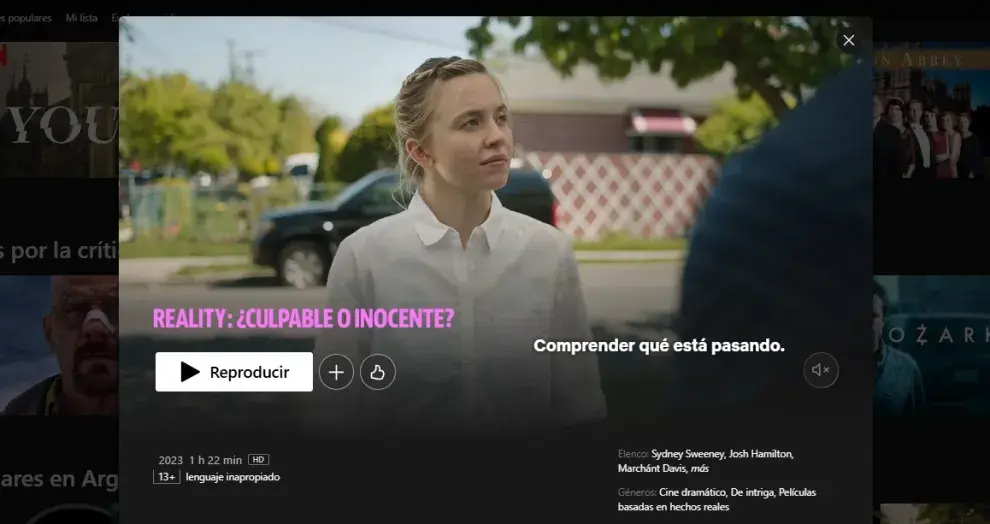 Captura de Netflix, con la película Reality disponible.