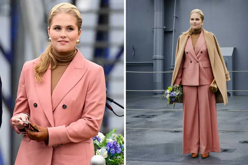 La heredera de Países Bajos apostó por un traje color rosa salmón con una polera de jersey en tono camel que sumó por debajo