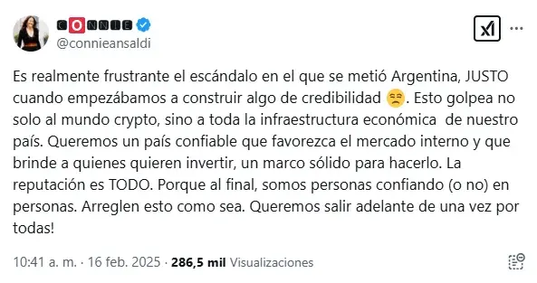 Captura dEl tweet de Connie Ansaldi sobre el escándalo de $Libra.