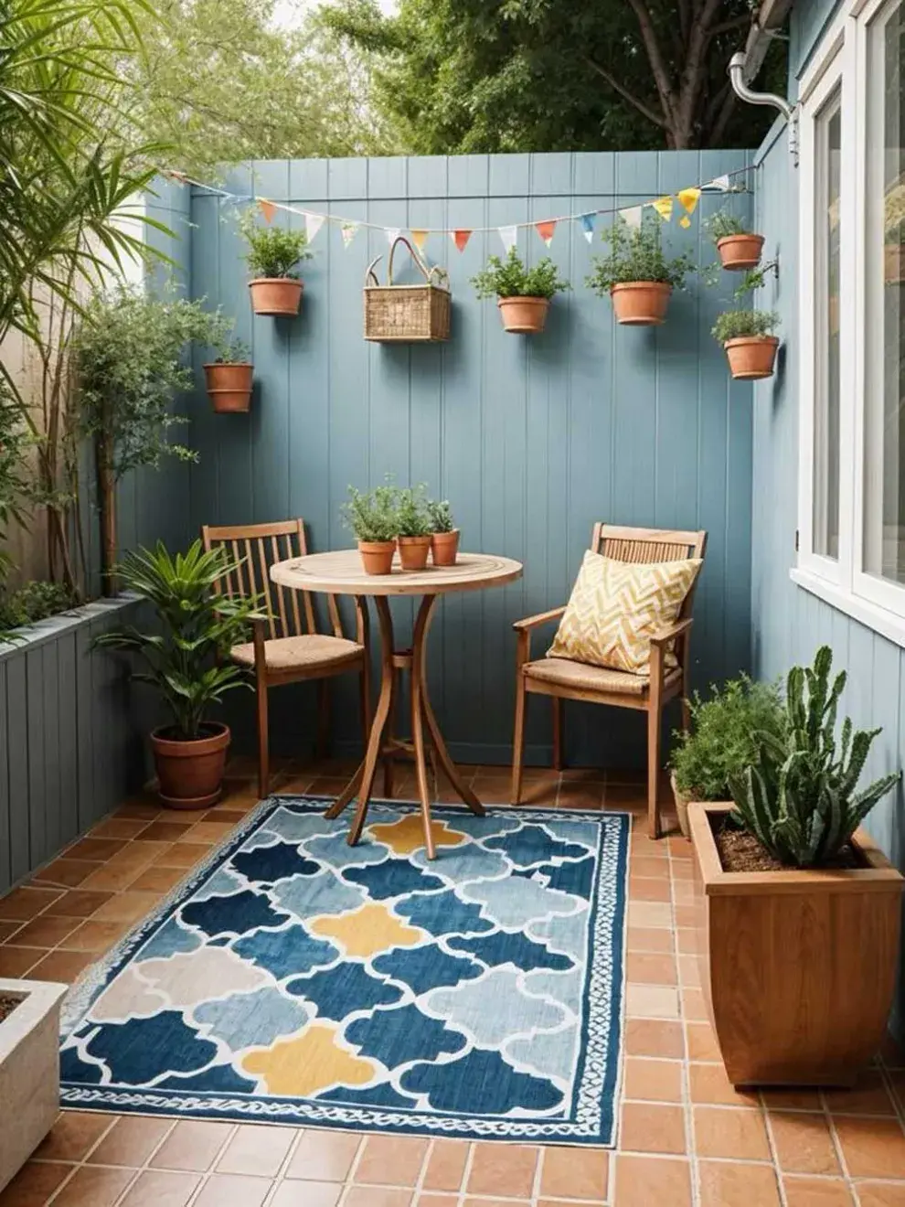 Pequeños detalles como macetas, sillones y alfombras que hacen de tu patio un espacio acogedor