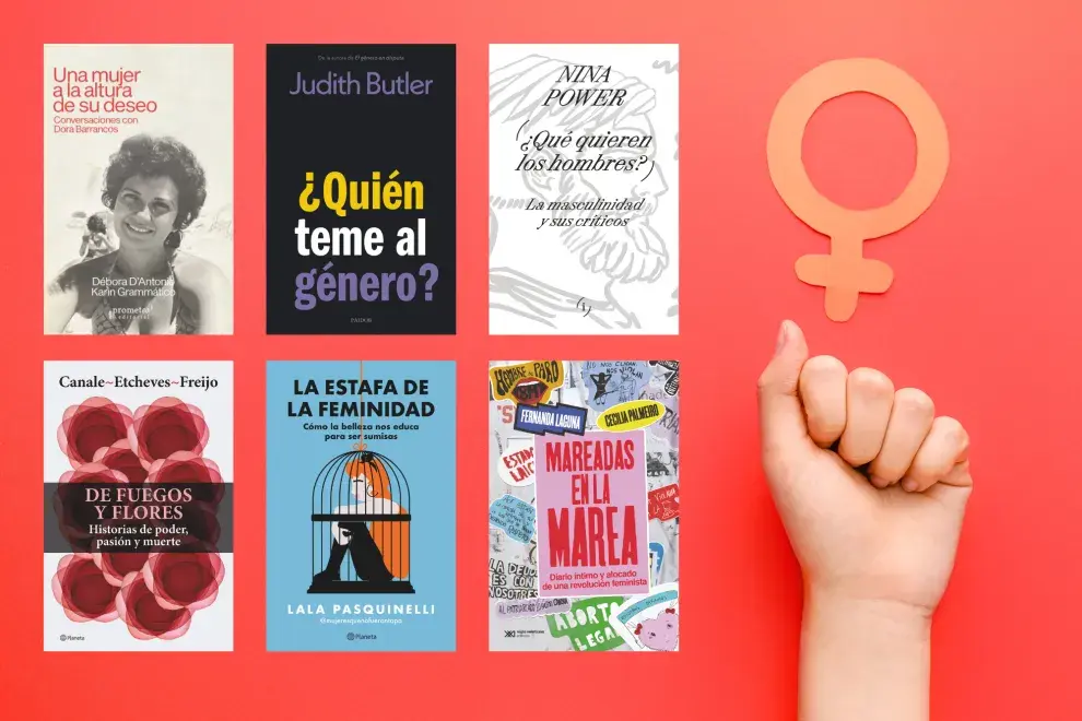 Un puño levantado con un símbolo del feminismo y portadas de libros.